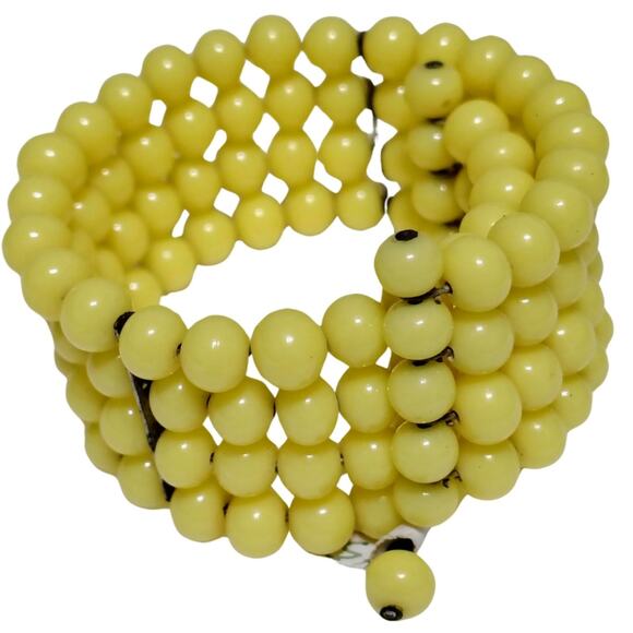 1930’s Yellow Unsigned Miriam Haskell Yellow Glass Memory Wire Cuff Bracelet - Picture 2 of 3